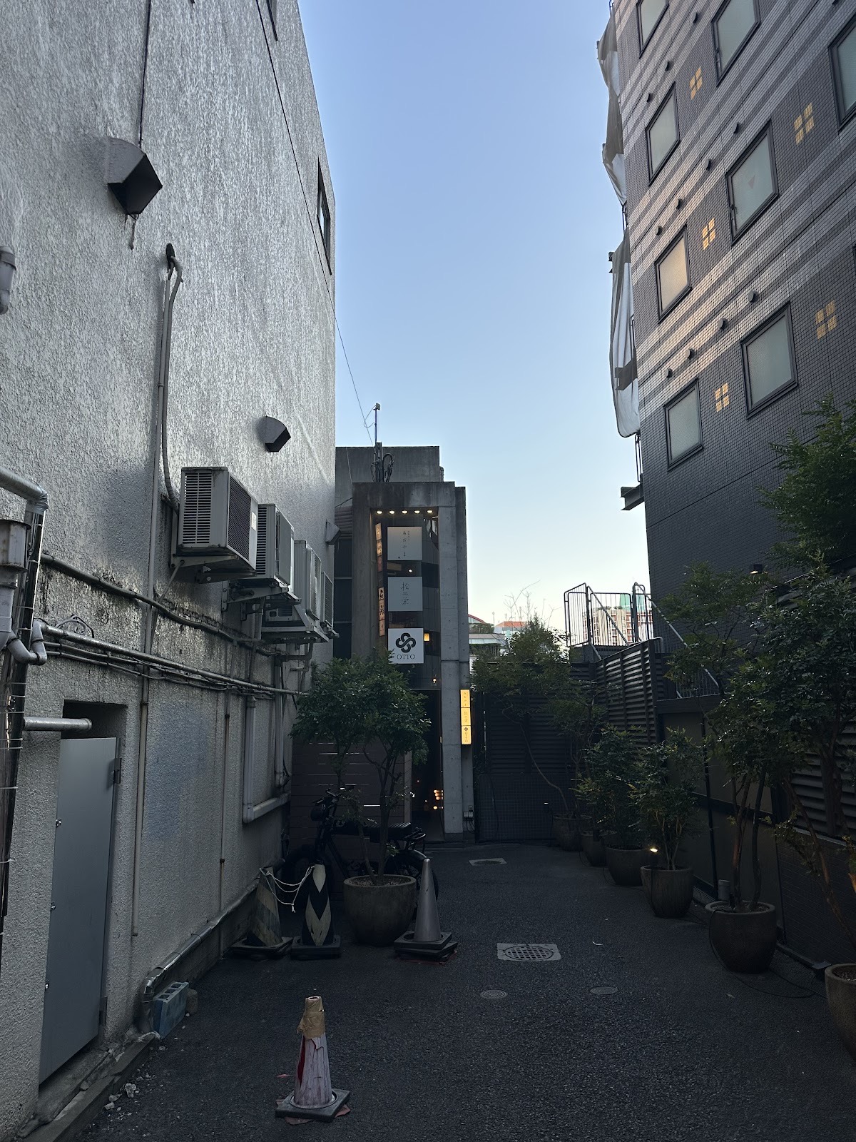 明るい空の下の細い路地。鉢植えの木と三角コーンの先にビルの看板塔があり、いちばん下に黒い結び目のマークと「OTTO」の白いパネル。